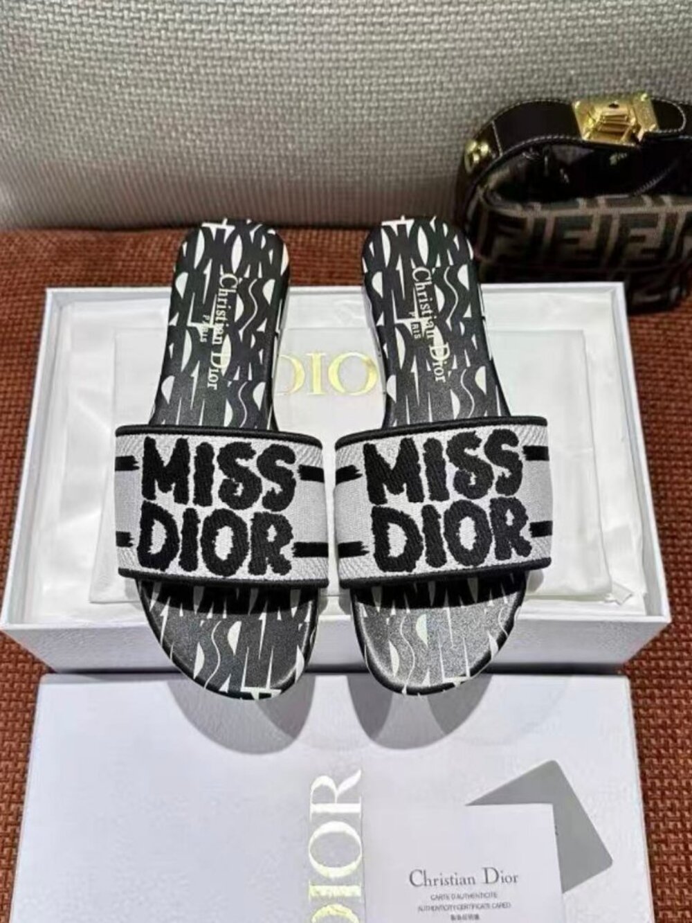 Dior Miss Dior Embroidered Strap Flat Slip‑On Slide Slippers